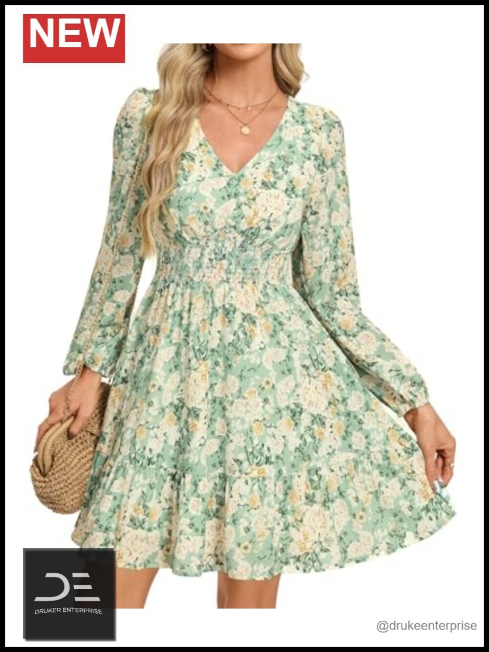 Womens Long Sleeve Mini Dress Smocked Waist A-Line Floral Chiffon